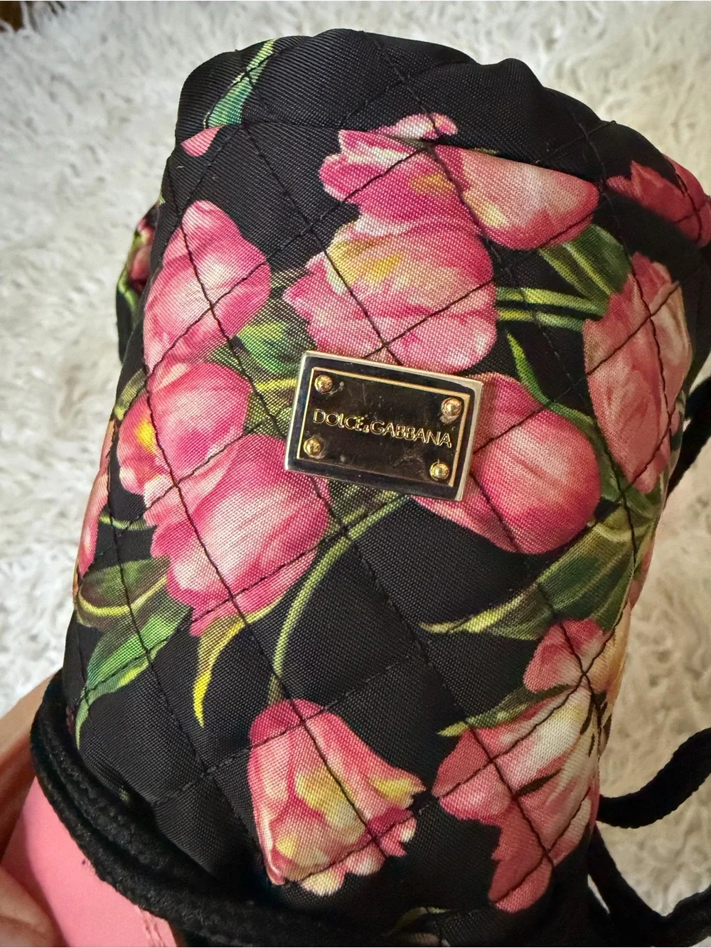 Dolce and Gabbana Pink Floral Quilted Winter Boots with Pom-Pom Accents
